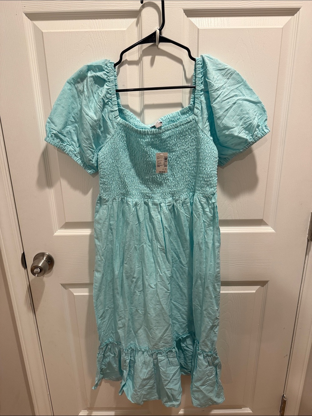 Girls' Light Blue Smocked Puff-Sleeve Dress